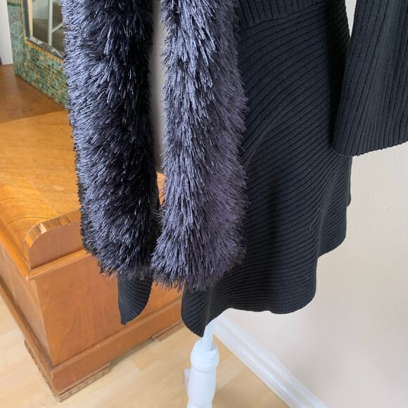 Vintage Lauren Michelle Black Ribbed Knit Cardigan Faux Fur Size L Soft & Cozy - Picture 8 of 9